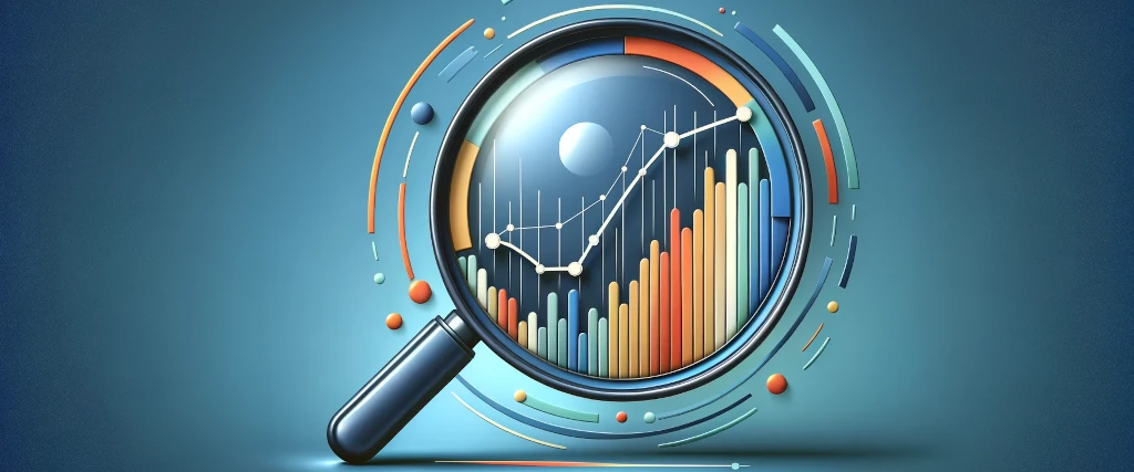 Lente d'ingrandimento su un grafico con barre colorate e linea di crescita, simbolo di analisi SEO e dati digitali.