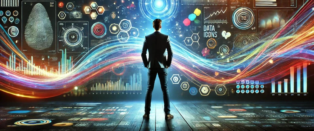 Uomo di spalle che osserva un grande schermo con grafici, analisi di dati e visualizzazioni digitali futuristiche.