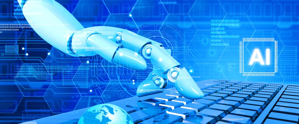 Mano robotica che digita su una tastiera con elementi digitali futuristici e il simbolo 'AI' illuminato.