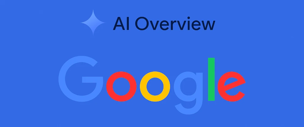 Logo di Google con la scritta AI Overview su sfondo blu"