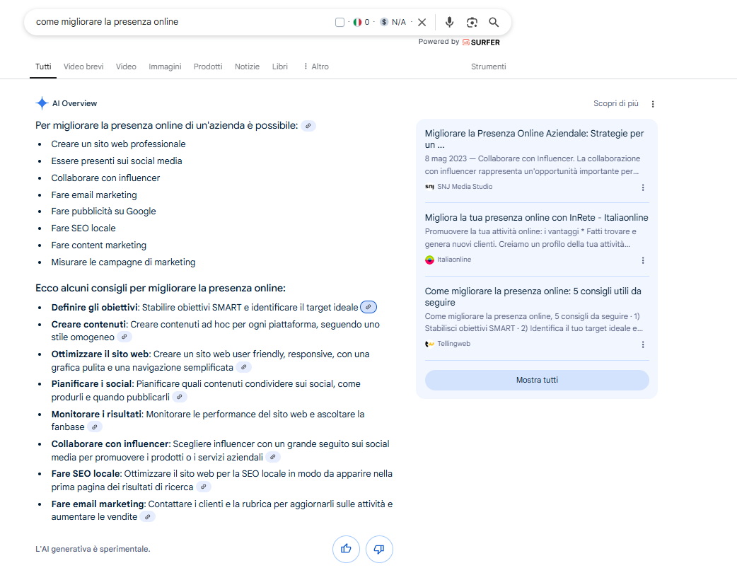 Schermata dei risultati di ricerca su come migliorare la presenza online di un'azienda, con suggerimenti su creazione di siti web professionali, attività sui social media, collaborazione con influencer, SEO locale, email marketing e content marketing.