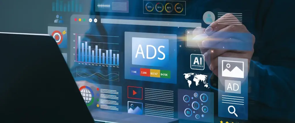 Schermata virtuale con grafici e dati di campagne pubblicitarie online, focus su ROI, ROAS e intelligenza artificiale nel digital advertising